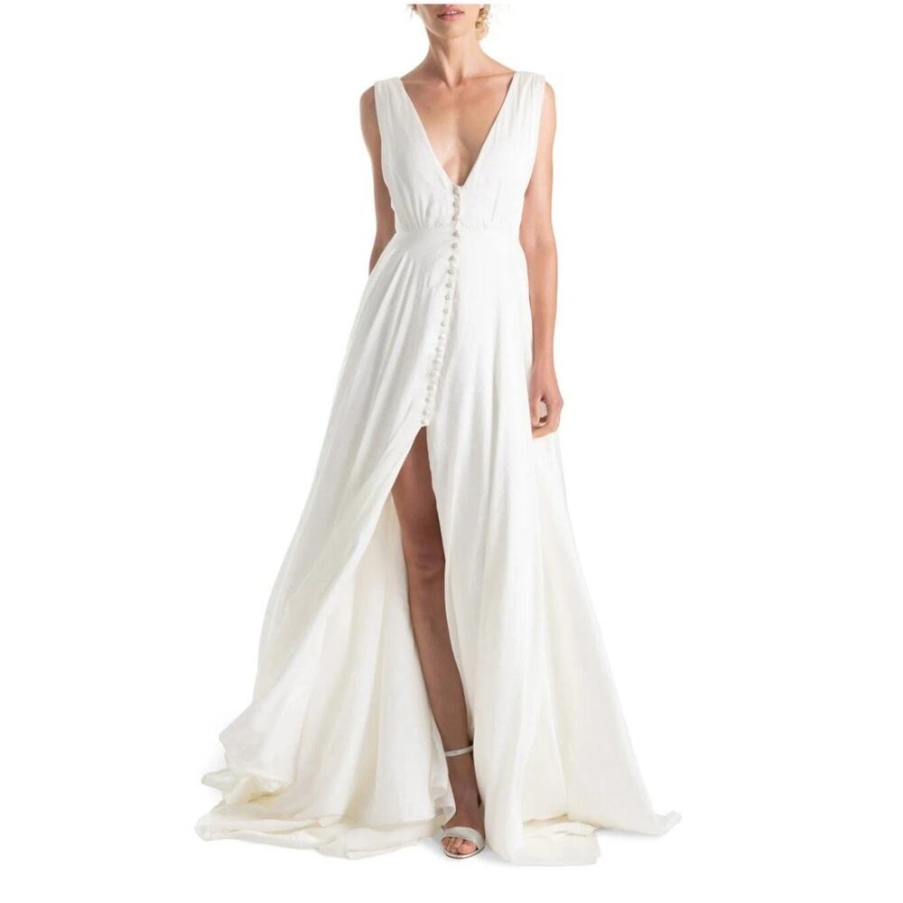 NWT JOANNA AUGUST Joplin Slit Front Button-Up V-Neck Wedding Dress Size 2